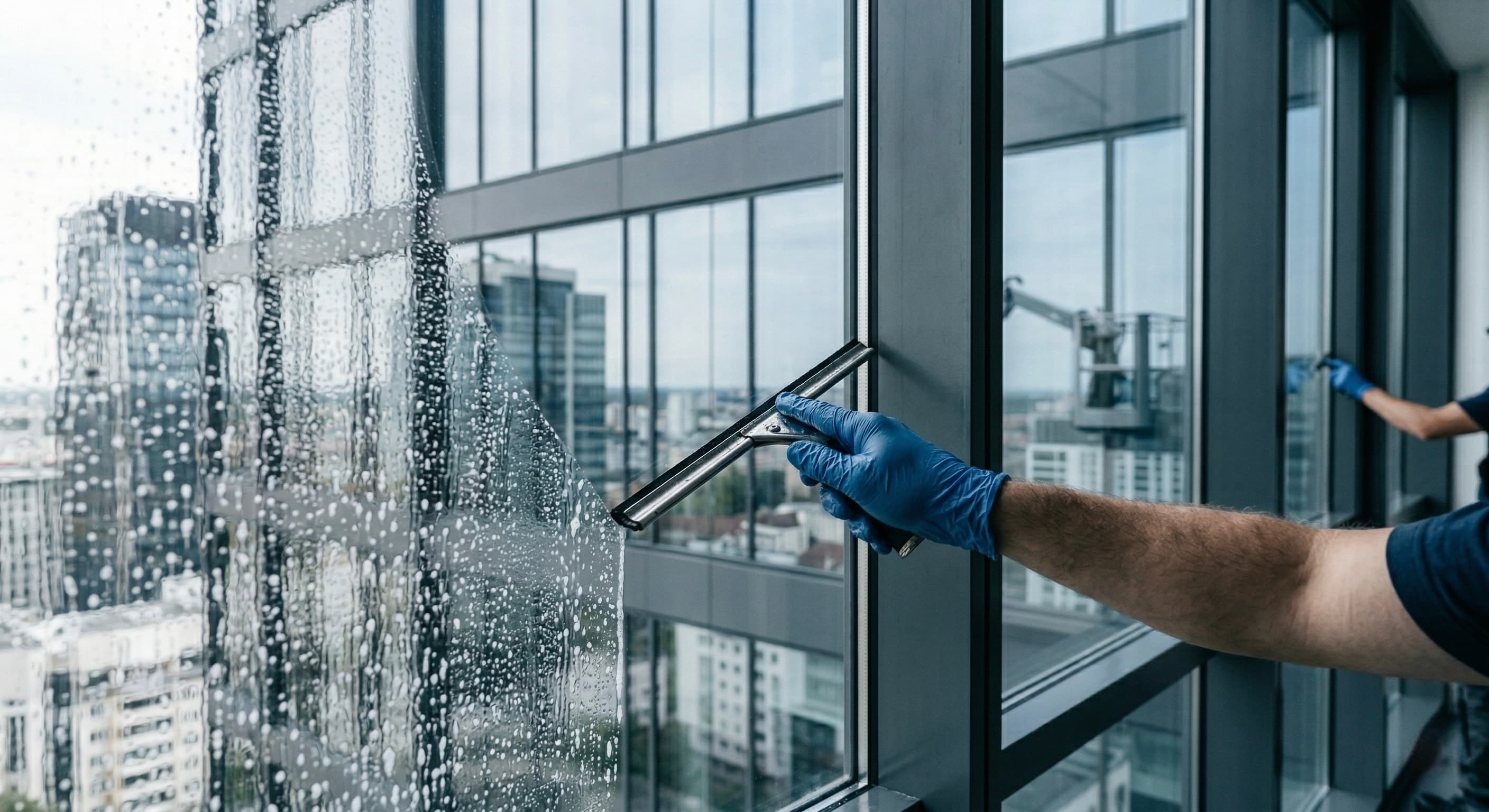 Fensterreinigung mit Abzieher an einer Glasfassade